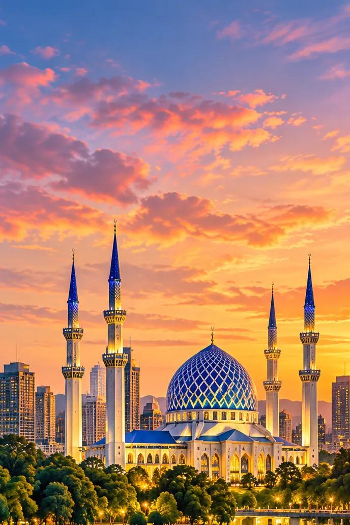 Ilustrasi Masjid Sultan Salahuddin Abdul Aziz Shah (Masjid Biru) di Shah Alam, Selangor, di tepi tasik pada waktu senja